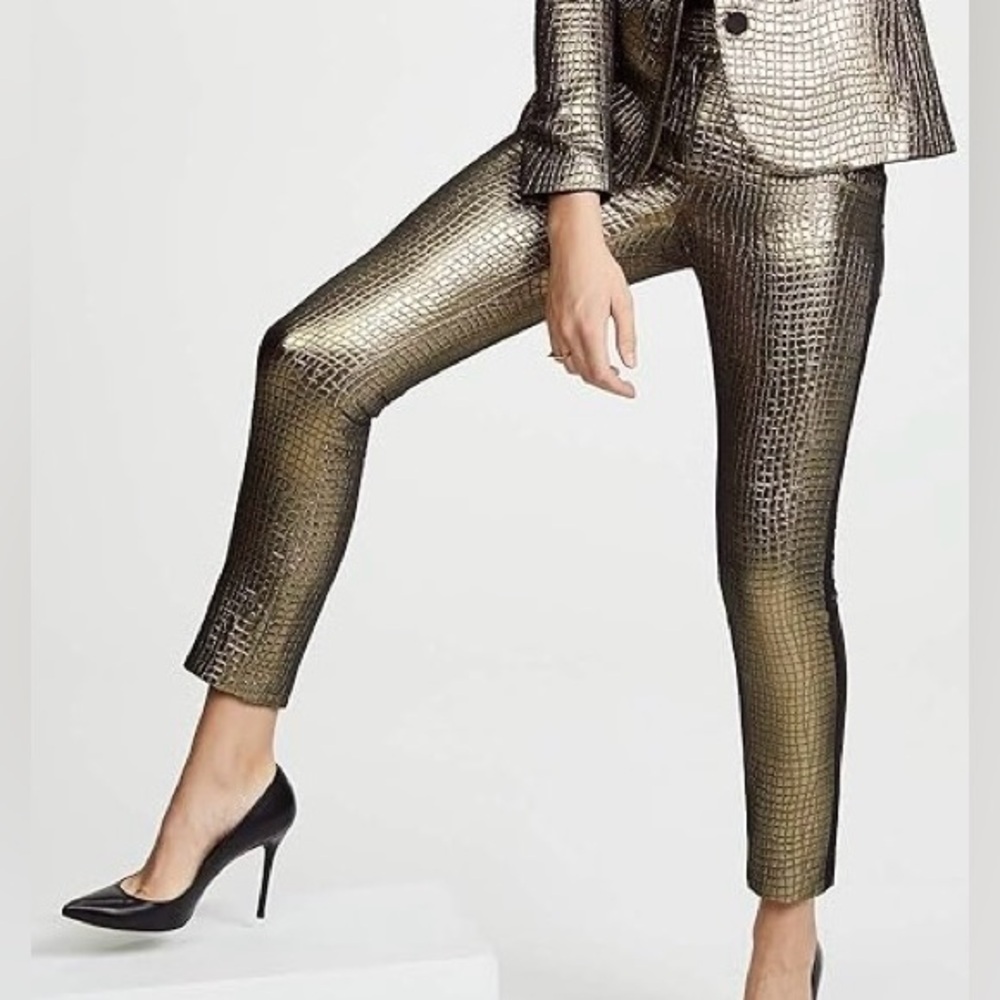 Rachel Zoe Becca Grosgrain Trimmed Metallic Croc Jacquard Gold Pants Size 8